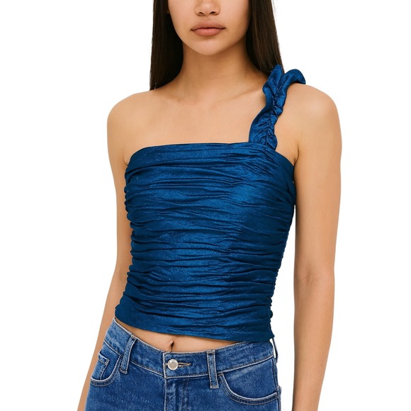 bebe Tops - BEBE Y2K Ruched Smocked One Shoulder Satin crop Top shimmer Teal Blue Size L‎